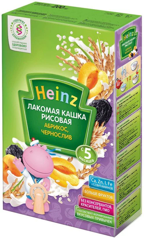 Лакомая кашка рисовая Heinz - курага, чернослив (5+ мес.), 200г