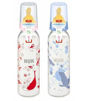 Бутылочка стеклянная NUK с латексной соской (0-6 мес.), 250 мл