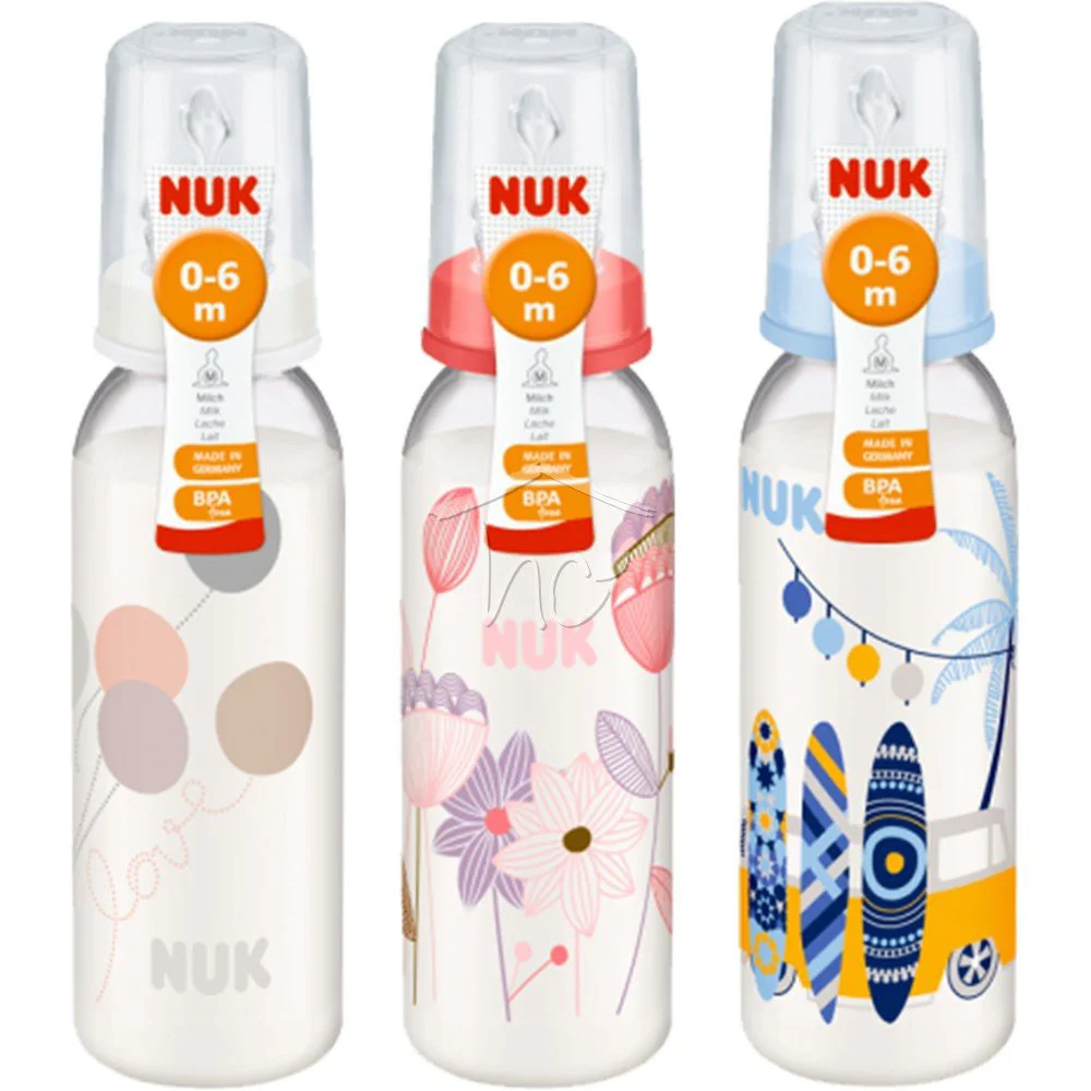 Бутылочка пластиковая NUK с силиконовой соской (0-6 мес.), 240 мл