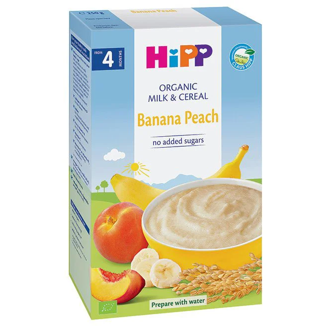Terci HIPP pe lapte din orez si griu cu banana si piersici (4+ luni), 250 g