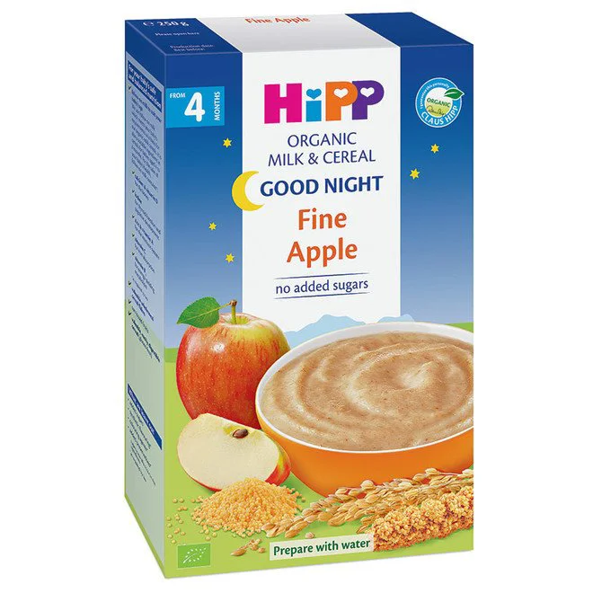 Terci HIPP organic pe lapte din orez si griu cu mar &quot;Noapte buna&quot; (4+ luni), 250 g