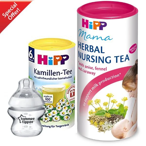Набор HiPP Чай для повышения лактации + ромашковый чай и бутылочка Tommee Tippee, 150 мл