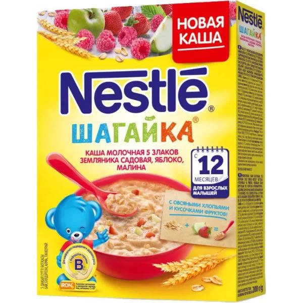Terci 5 cereale cu lapte Nestle Шагайка cu fragi, mere si zmeura (12+ luni), 200 g