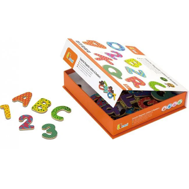 Magneti colorati din lemn Viga Toys Litere si Cifre, 77 piese