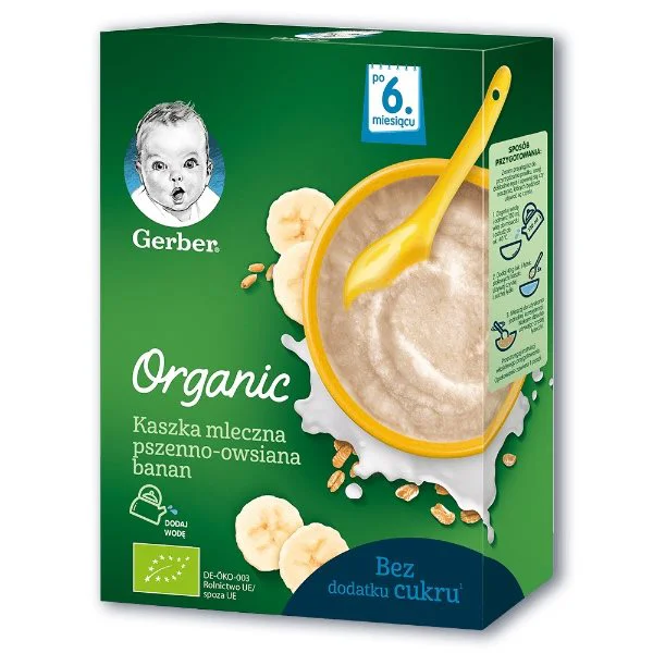 Terci organic Gerber de grau si ovaz cu lapte si banane (6+ luni), 240 g