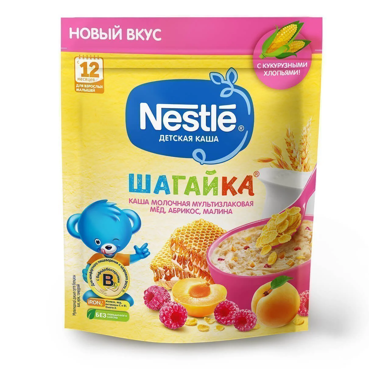 Terci multicereale cu lapte Nestle Шагайка cu miere, caise si zmeura (12+ luni), 190 g