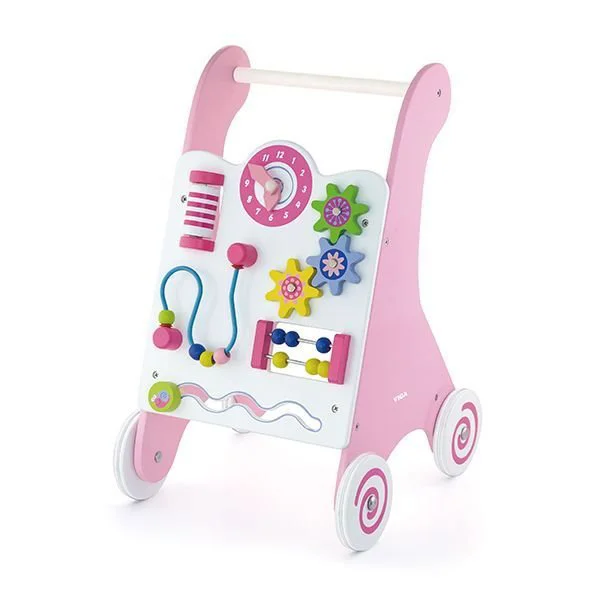 Деревянный ходунок каталка с бизибордом Viga Toys Baby Walker Pink