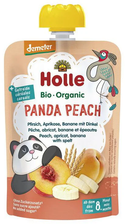 Piure Holle Panda Peach de piersici, caise, banane si grau spelt (8+ luni), 100 g
