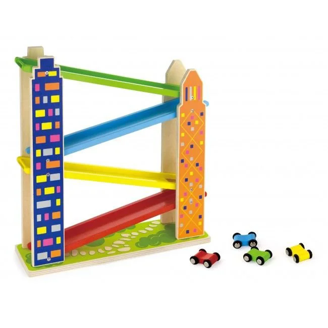 Set de joc din lemn Viga Toys, Pista cu masini colorate