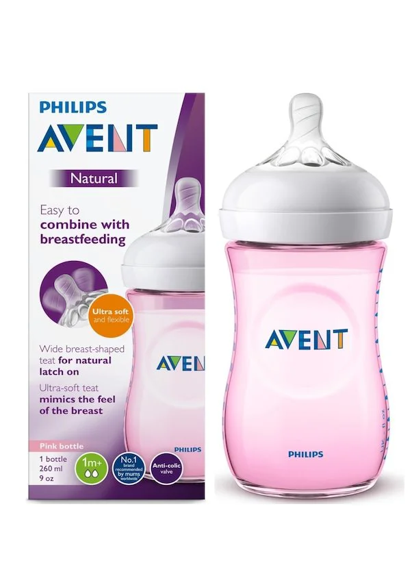 Бутылочка из пластика Philips AVENT Natural Антиколиковая, розовая, 260 мл