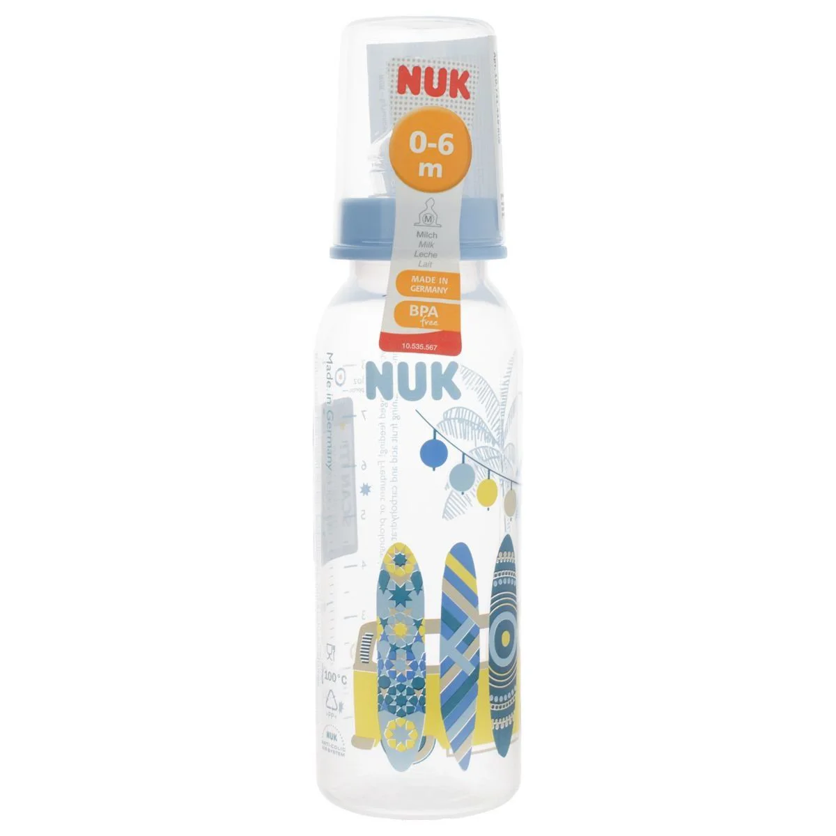 Бутылочка пластиковая NUK с латексной соской (0-6 мес.), 240 мл