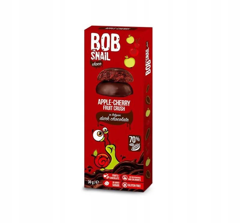 Bomboane naturale Bob Snail de mere si visine in ciocolata neagra belgiana, 30 g