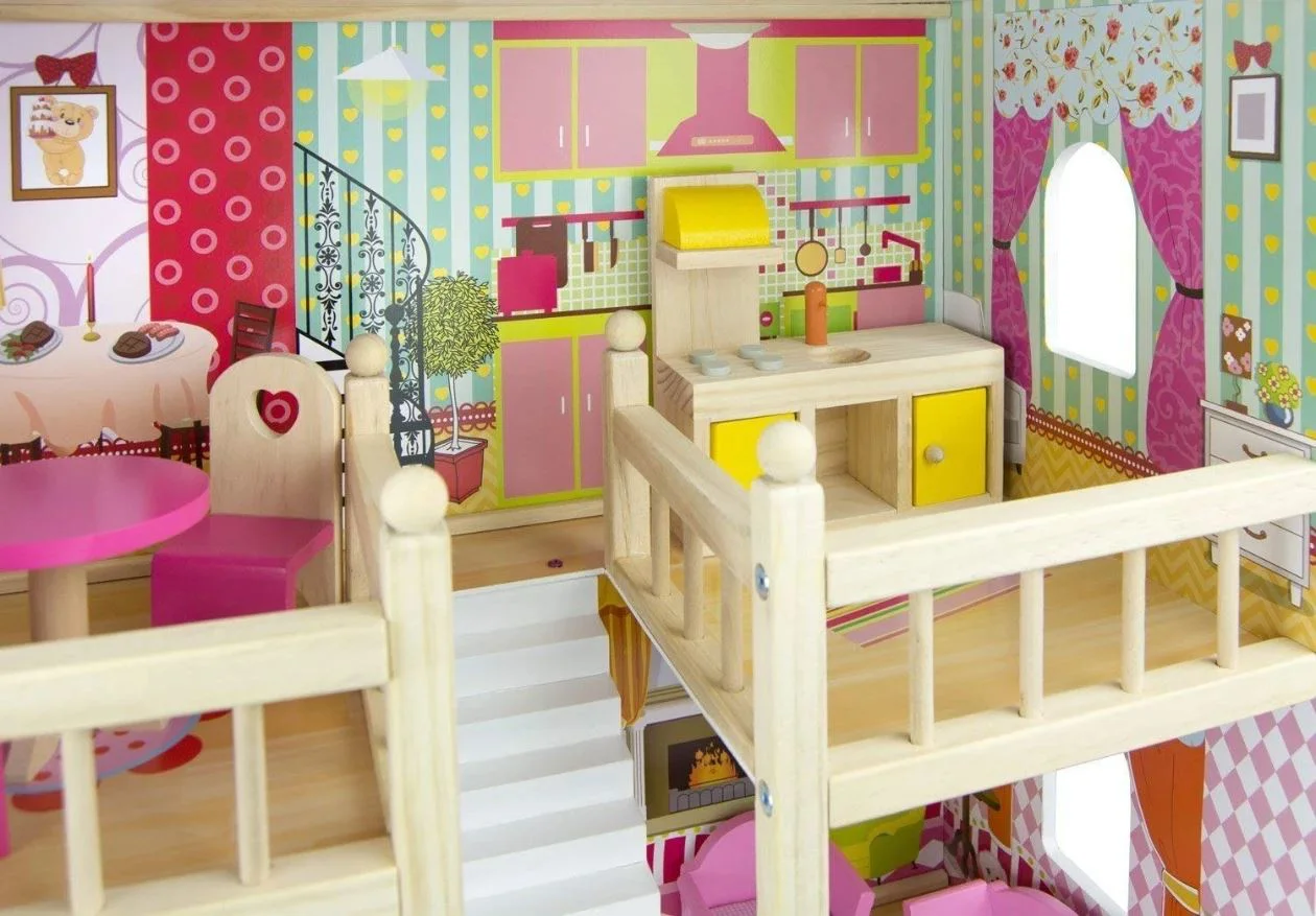 Многоярусный деревянный кукольный домик Bino с мебелью (17 аксессуаров), 60x90x30 см