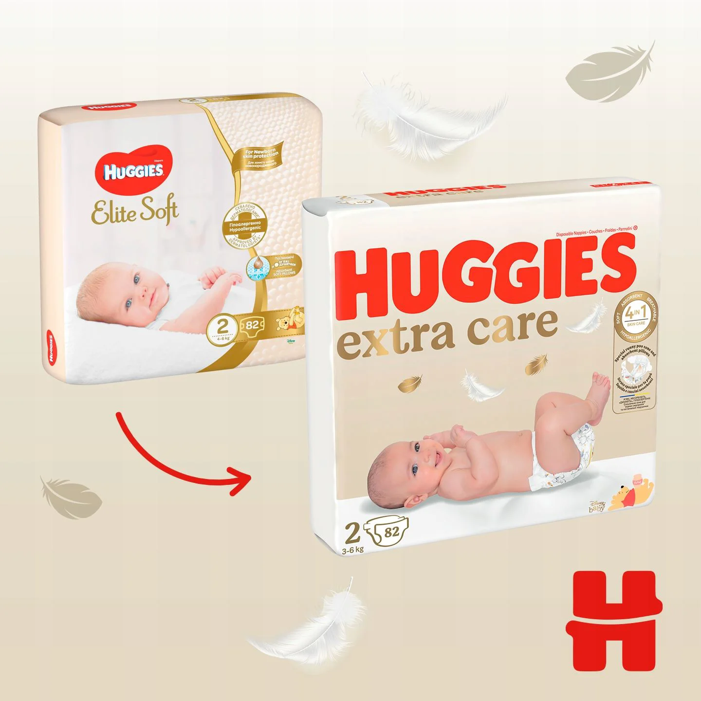 Подгузники Huggies Extra Care Mega 2 (3-6 кг), 82 шт.