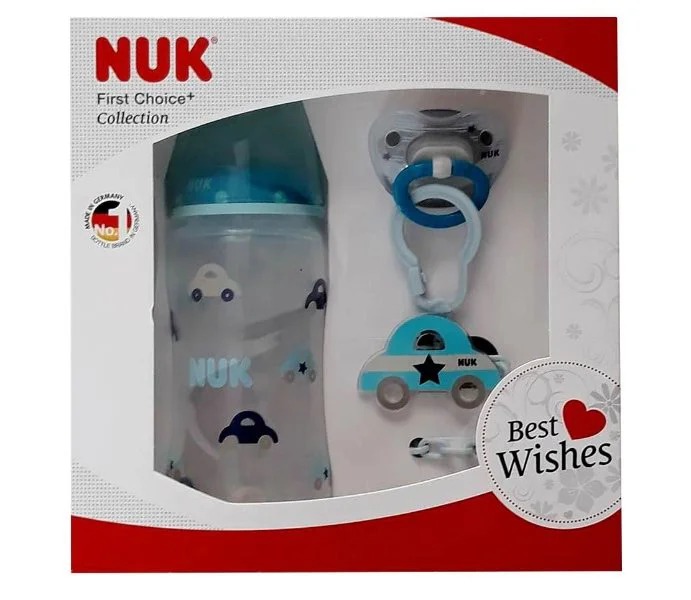 Set-cadou NUK Baby Blue (1 biberon, 1 suzeta si un lant)