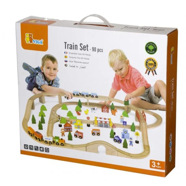 Set de joc din lemn Viga Toys Train Set, 90 piese