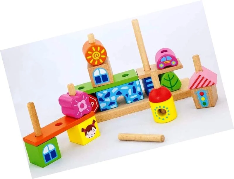 Set de constructie din lemn educativ Viga Toys Stacking Blocks City