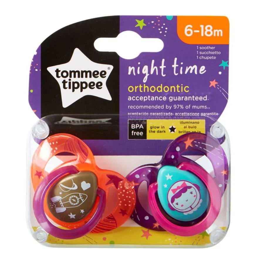 Suzeta ortodontica din silicon Tommee Tippee Night Time (6-18 luni), 2 buc.