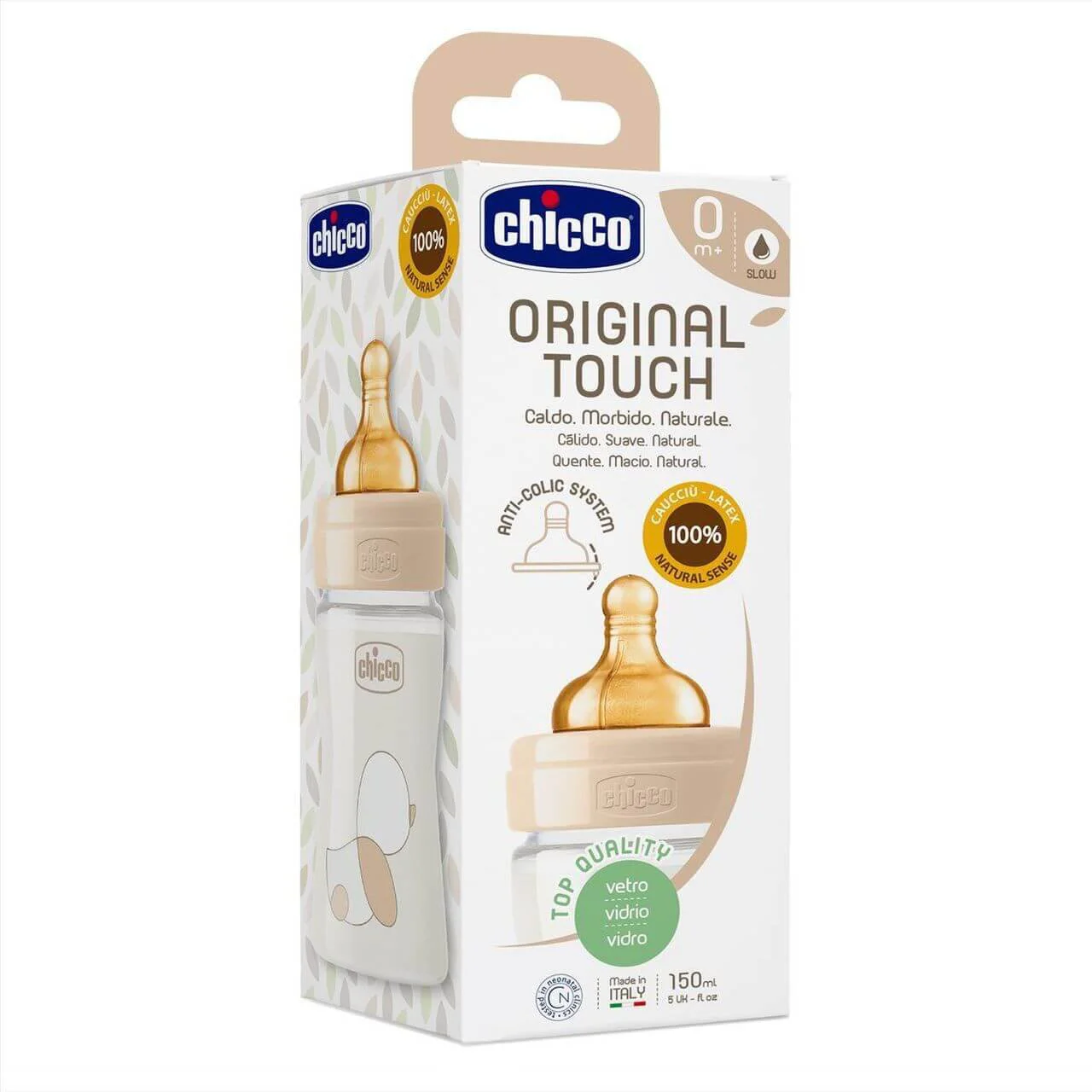 Бутылочка стеклянная Chicco Original Touch с латексной соской (0+ мес.), 150 мл