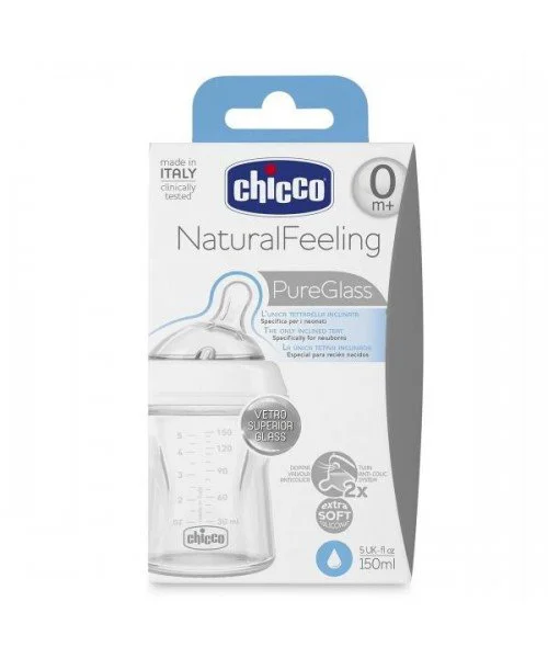 Бутылочка стекло Chicco Natural Feeling с наклонной силиконовой соской (0+мec), 150 мл