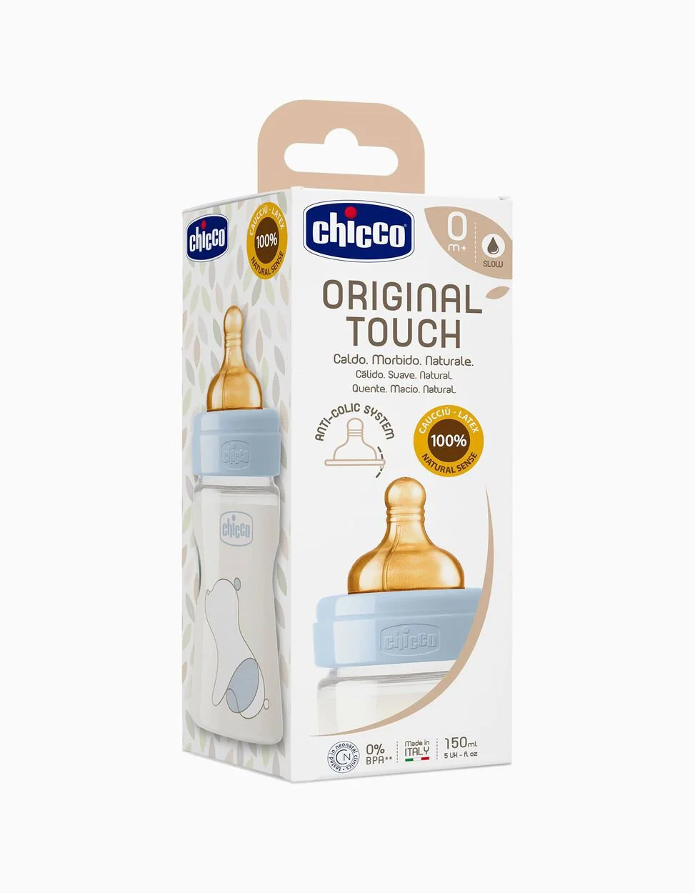 Biberon anticolic Chicco Original Touch Boy tetina cauciuc, flux lent, 150 ml, (0+ luni)
