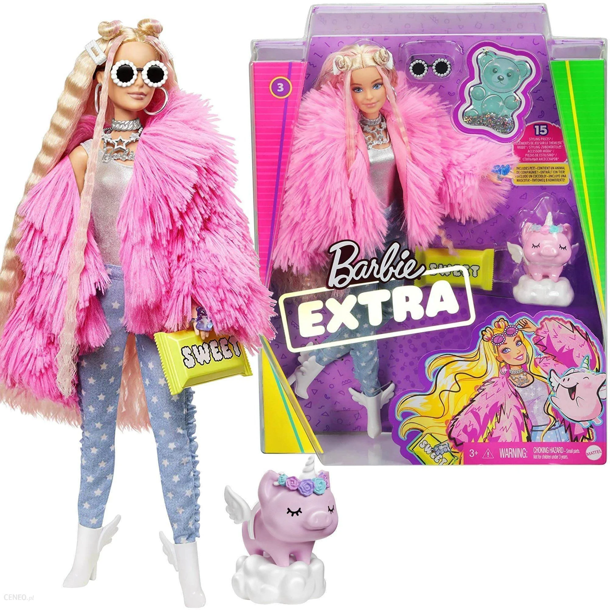 Set de joaca Barbie Extra cu geaca roz si porc unicorn